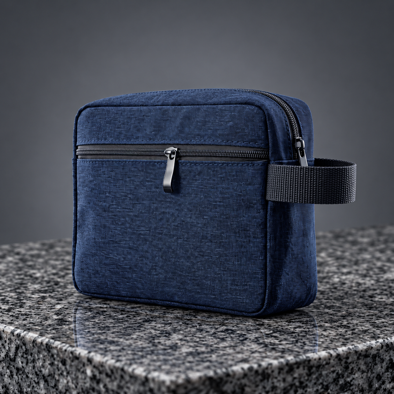 Nicor navy travel grooming case on a dark marble tabletop